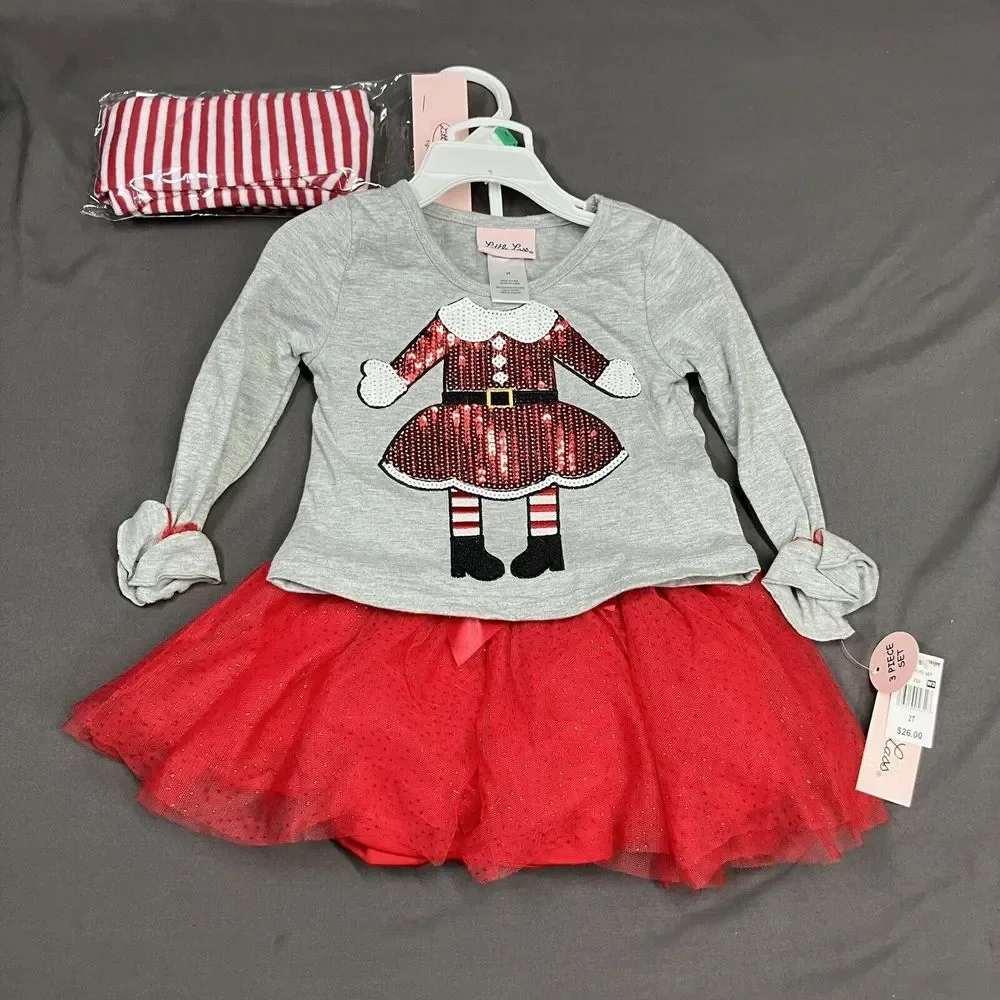 Little Lass Girl Skirt Tights Set / 2T / Santa Elf / 3 Pieces /Christmas Holiday